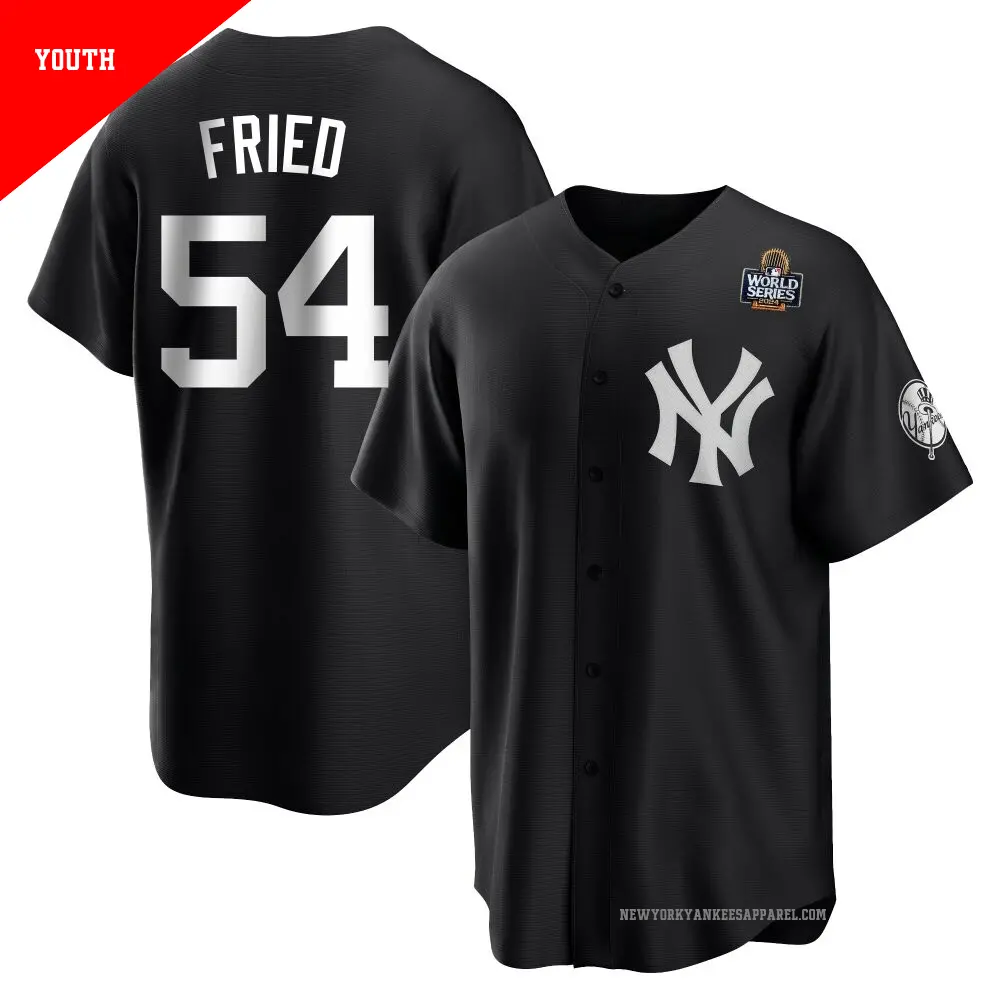 Youth ＃54 Max Fried New York Yankees Black/White Replica 2024 World Series Jersey